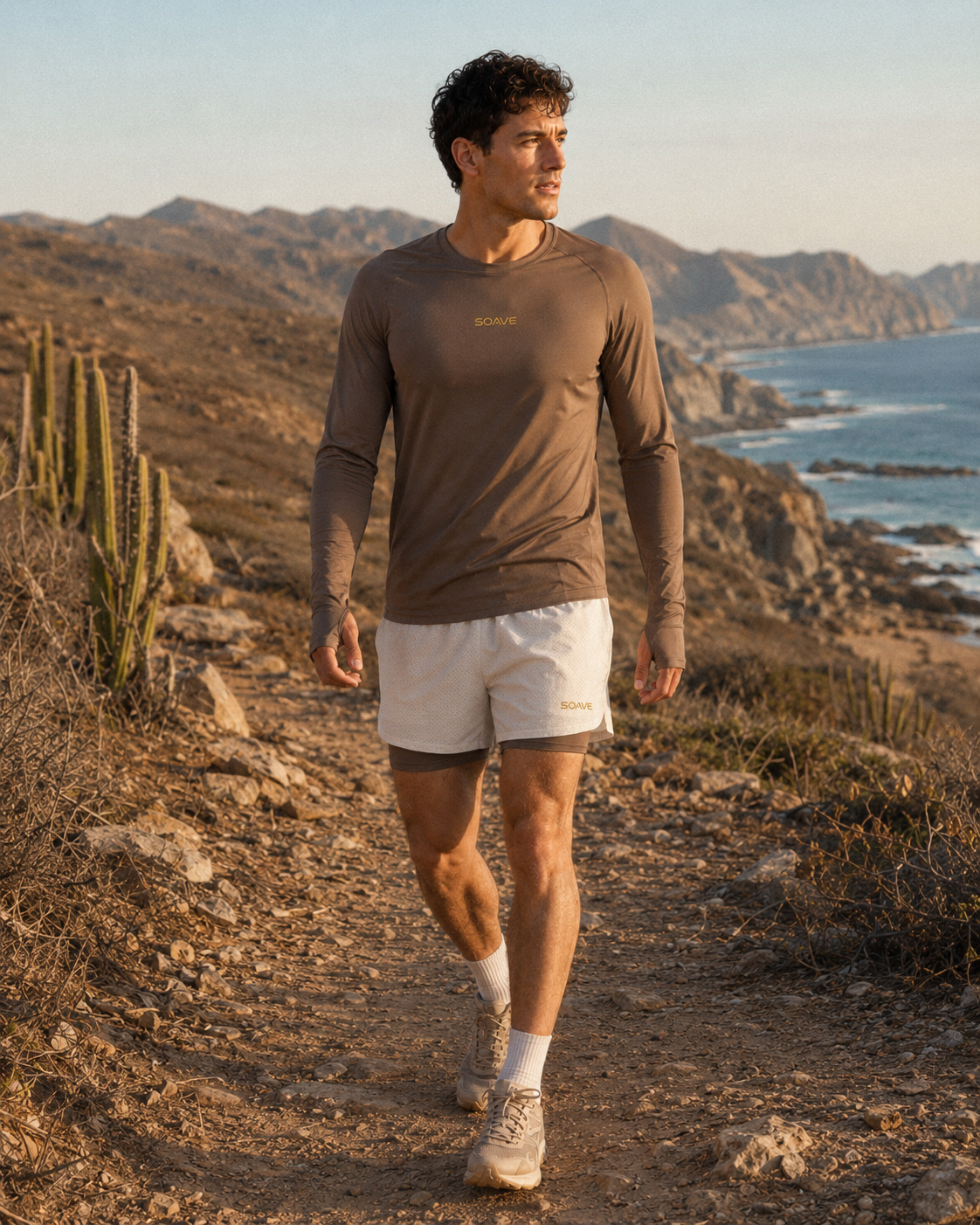 Runner wearing SOAVE Baja 1 Trail Short on a coastal desert trail in Baja California Sur